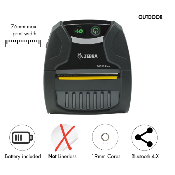 Zebra ZQ320 Plus Outdoor DT Printer 3''/76mm, Bluetooth 4.X , Linered platen, 0.75'' core (ZQ32-A0E04TE-00)