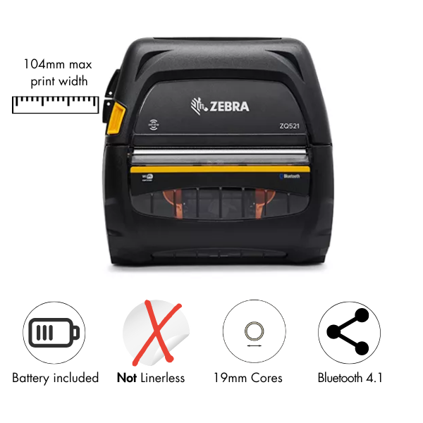 Zebra ZQ521 direct thermal mobile printer / Bluetooth 4.1/ includes stnd battery, EMEA certs (ZQ52-BUE000E-00)