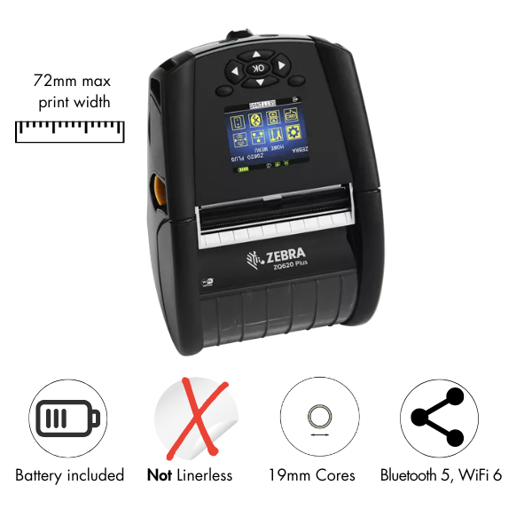 Zebra ZQ620 Plus DT Printer 3''/72mm, WiFi 6 & BT4.x, Linered platen, 0.75'' core (ZQ62-AUXAE14-00)