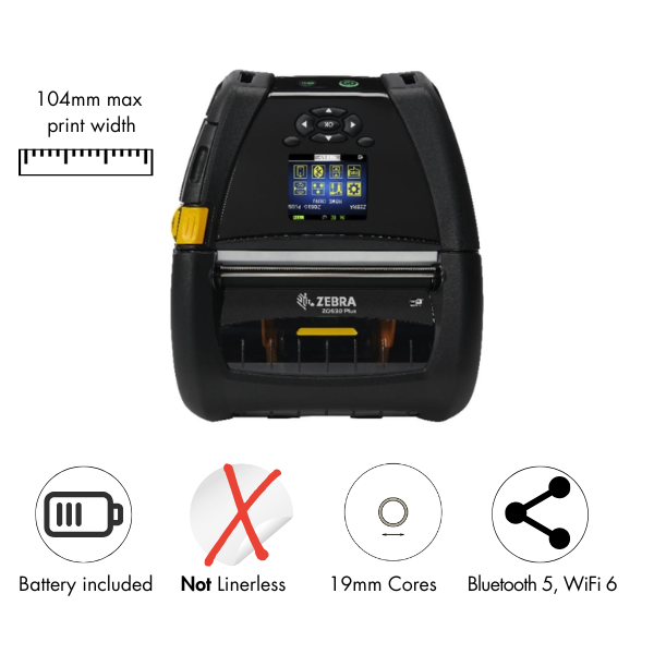 Zebra ZQ630 Plus DT Printer 4''/104mm, BT5.x & WiFi 6, Linered platen, 0.75'' core (ZQ63-AUXAE14-00)